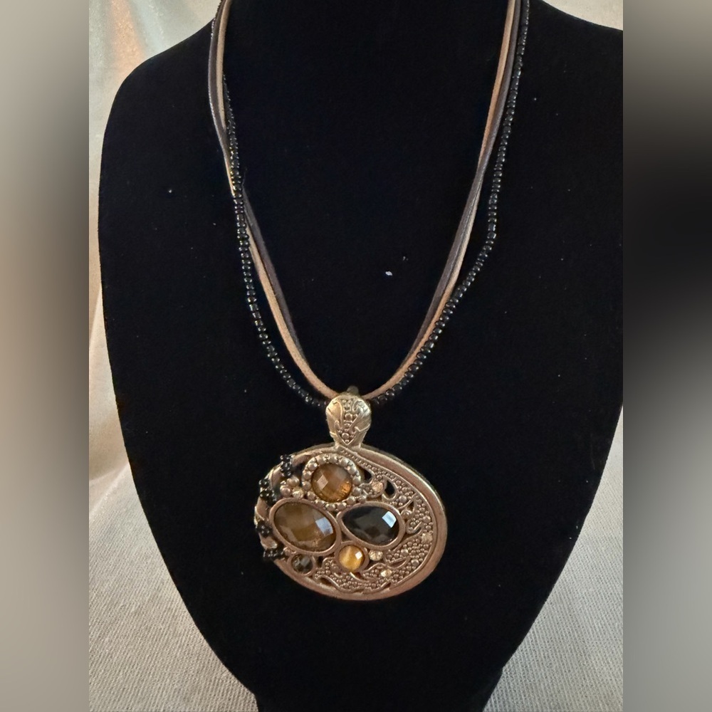 Lia Sophia Handcrafted Brown & Black Gemstone Pendant Necklace